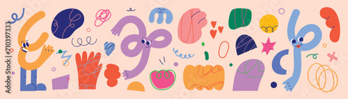 Set of abstract retro organic shapes vector. Collection of contemporary figure, speech bubble, heart, hand in funky groovy style. Cute hippie design element perfect for banner, print, stickers.