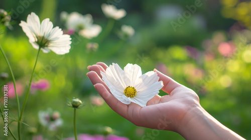 Woman hand holding white daisy flower palm   Chamomile flower garden blur background