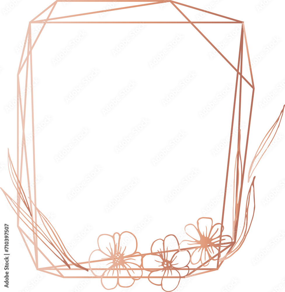 Rose gold geometric frame with floral illustration on transparent background. Rose gold geometric frame with floral illustration on transparent background.