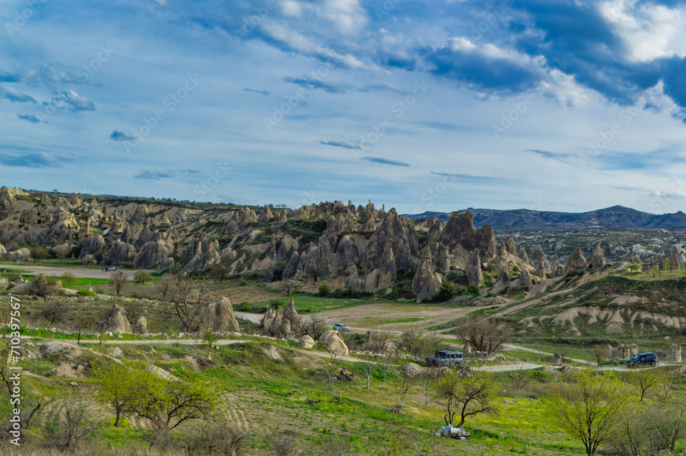 Typical Cappadocia landscape soft volcanic rock, shaped by erosion in Goreme, Turkey.