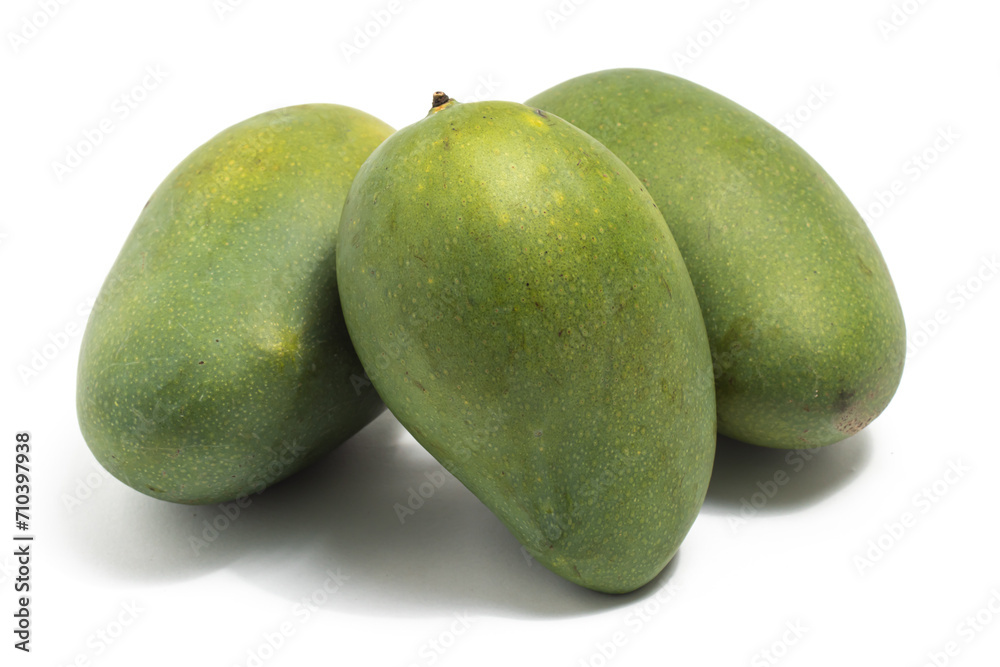 Three fresh organic green mango delicious fruit side view isolated on white background clipping path Three fresh organic green mango delicious fruit side view isolated on white background clipping path