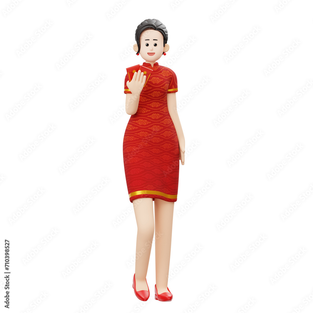 3D Character Chinese New Year Woman Happy Holding Angpao Envelope Illustration 3D Character Chinese New Year Woman Happy Holding Angpao Envelope Illustration
