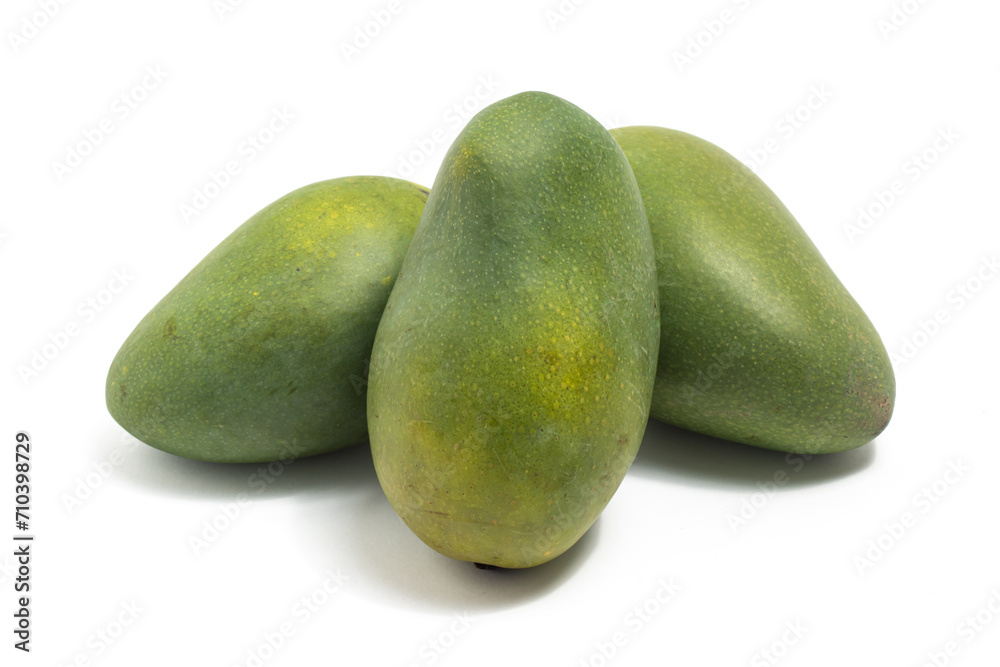 Three fresh organic green mango delicious fruit side view isolated on white background clipping path Three fresh organic green mango delicious fruit side view isolated on white background clipping path