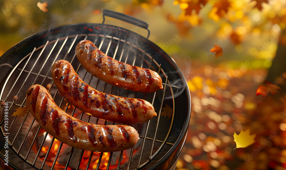 Grilled sausages on the grill in the autumn park. Picnic in the forest. Edited AI illustration. - obrazy, fototapety, plakaty 