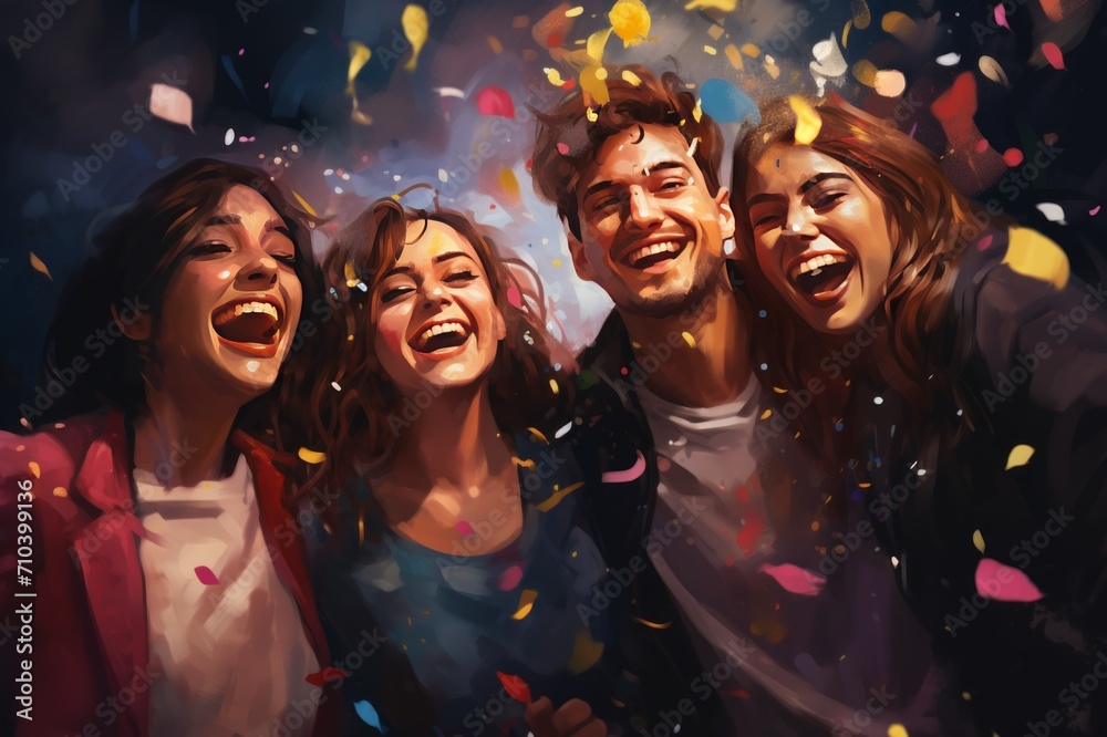 a group of young people celebrates graduation with confetti. Youth party concept a group of young people celebrates graduation with confetti. Youth party concept