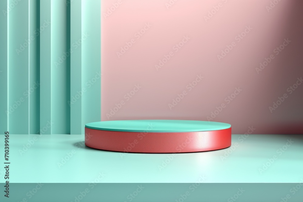 empty cylindrical podium for the presentation of a cosmetic product in turquoise peach color. Abstract background empty cylindrical podium for the presentation of a cosmetic product in turquoise peach color. Abstract background