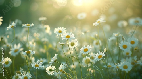A field of daisies swaying in unison as a gentle breeze sweeps through