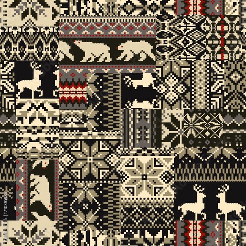 Norwegian traditional knitted snow flakes jacquard patchwork abstract winter textile vector seamless pattern for sweater fabric wallpaper tablecloth pillow wrapping