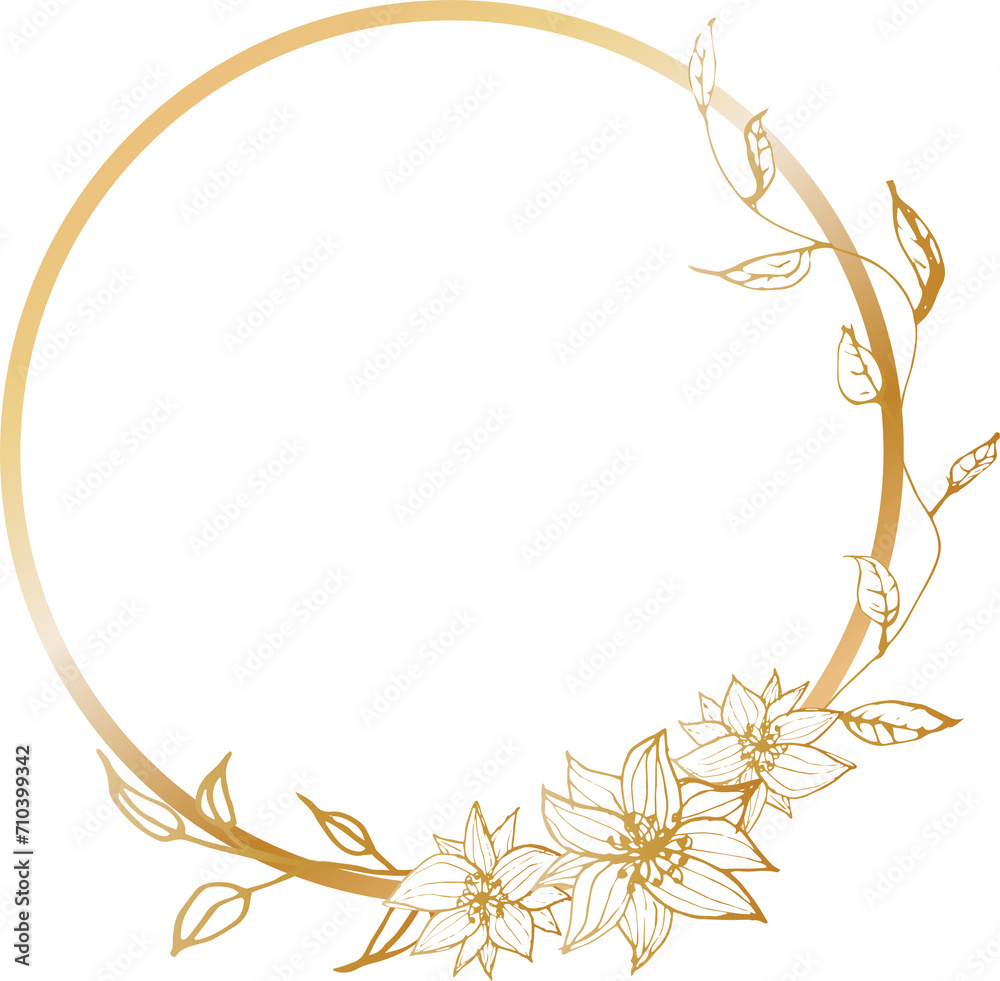 Golden flower wreath illustration on transparent background.
