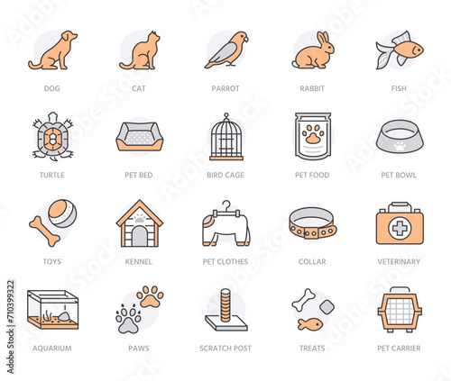 Pet shop flat line icons set. Dog carrier, cat scratcher, bird cage, rabbit, fish aquarium, pets paw, collar vector illustrations. Thin signs for veterinary. Orange Color. Editable Stroke