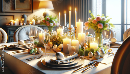 Elegante Ostertafel mit Kerzen und Frühlingsdeko photo