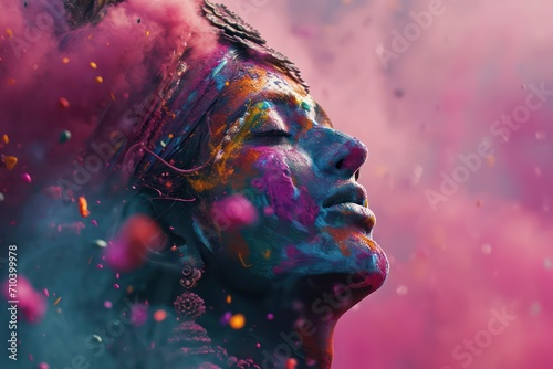 Face of a girl in multi-colored paint for Holi holiday. Generative AI