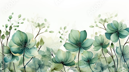 Watercolor floral banner with green flowers and leaves on a white background