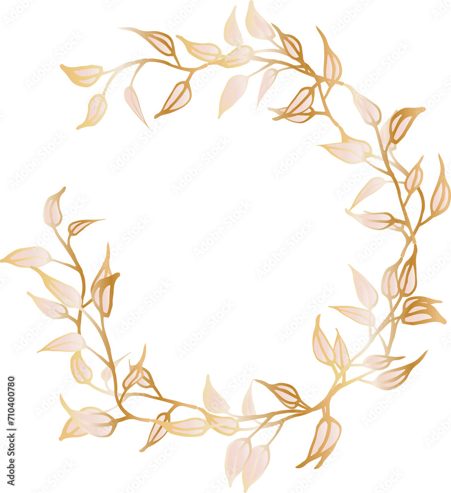 Leaf round frame pink gold illustration on transparent background.
