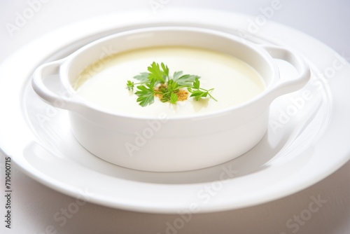 close-up of creamy soup in white bowl with parsley garnish
