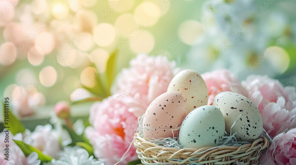 Colorful Easter eggs in a pastel basket with peony flower bokeh background under sunlight