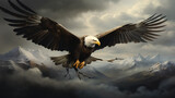 Big eagle flying in the middle of the sky, mountain background