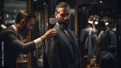 Custom Tailoring Excellence: Bespoke Suit Craftsman Adjusting a New Suit for a Dapper Look