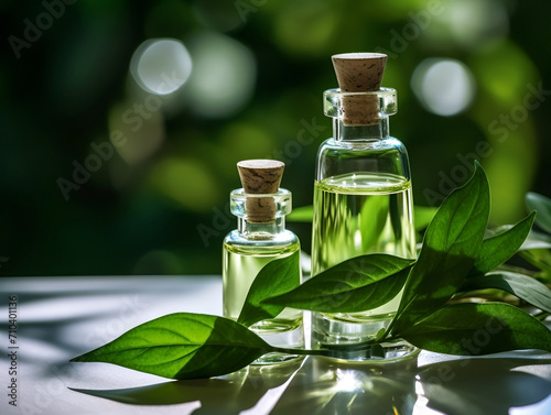 Cosmetic serum in a glass bottles with green leaves. Skin care serum or essential oils, spa and wellness concept. Natural herbal cosmetic, aromatherapy, aromatic oil.