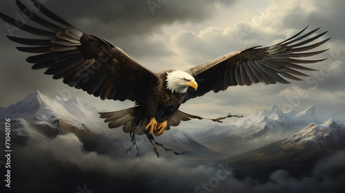Big eagle flying in the middle of the sky, mountain background © Leokensiro
