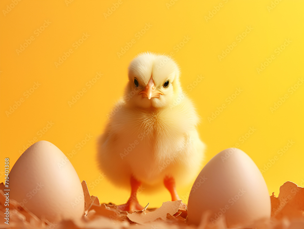 Little newborn chick close-up with nearby eggshell fragments against a smooth yellow background with copy space. The chicken was born recently with a thick fluffy plumage