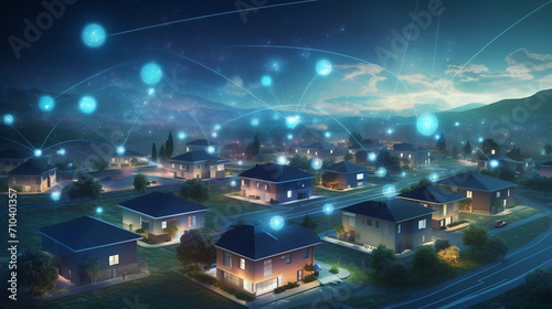 Digital Haven: Suburban Serenity in a Smart Home Community at Night
