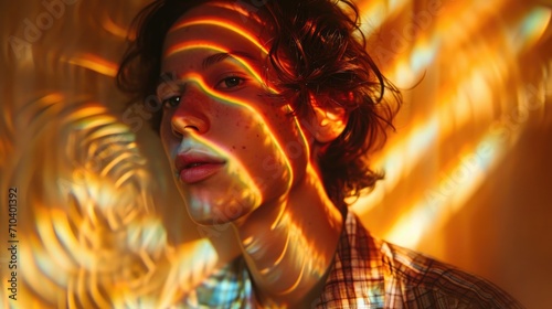 Surreal Portrait of a Person Blending into an Optical Illusion Background, a play of patterns and light in a day-lit room