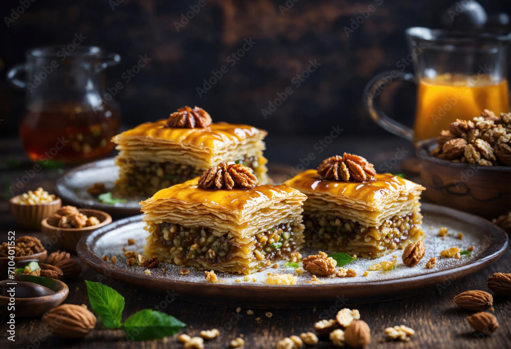 Homemade baklava for the Nowruz holiday on a wooden table. Oriental sweets