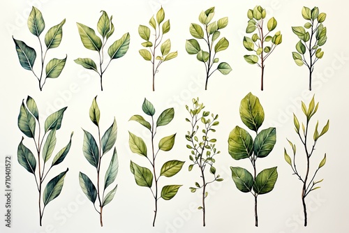 Botanical set of green leaves and branches. Watercolor