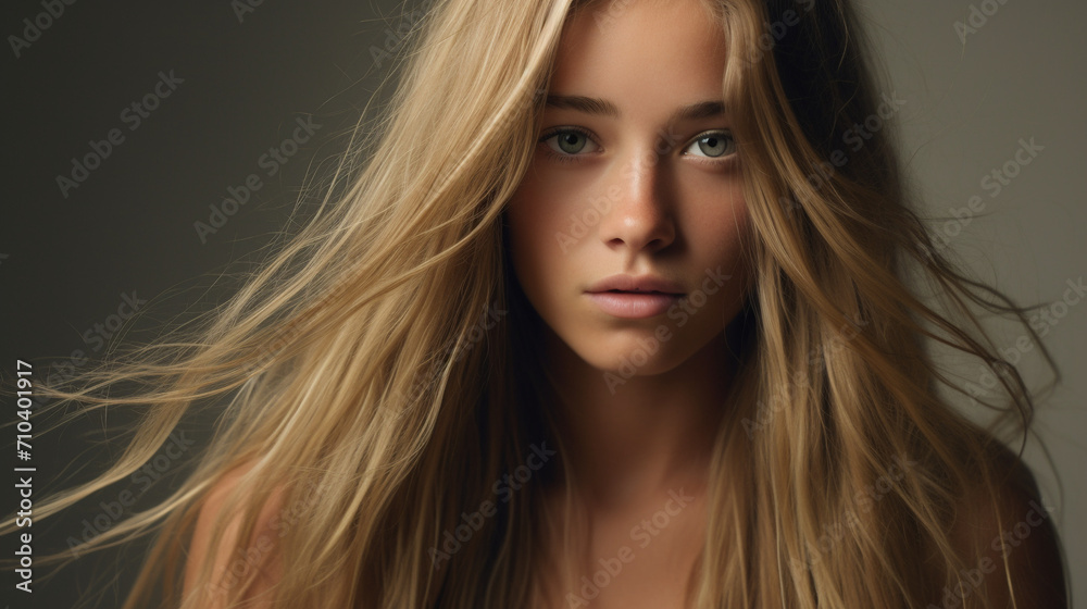 Obraz premium Portrait of Contemplation: Young Female Model with Blond Long Hair Radiating Awareness and Sensibility