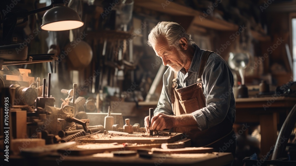 Old craftsman in his workshop, surrounded by tools and works-in-progress. carpenter at wood workshop Old craftsman in his workshop, surrounded by tools and works-in-progress. carpenter at wood workshop