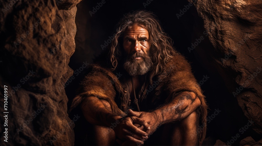 Neanderthal man, prehistoric human, tribal caveman in a dark cave, hunter from prehistoric era Neanderthal man, prehistoric human, tribal caveman in a dark cave, hunter from prehistoric era
