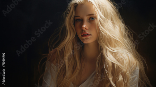 Expressive Elegance: Blond-haired Model Conveys Awareness and Concern in a Captivating Pose