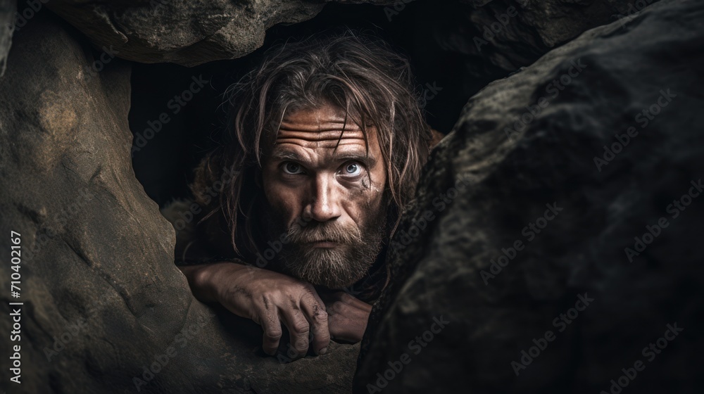 Neanderthal man, prehistoric human, tribal caveman in a dark cave, hunter from prehistoric era Neanderthal man, prehistoric human, tribal caveman in a dark cave, hunter from prehistoric era