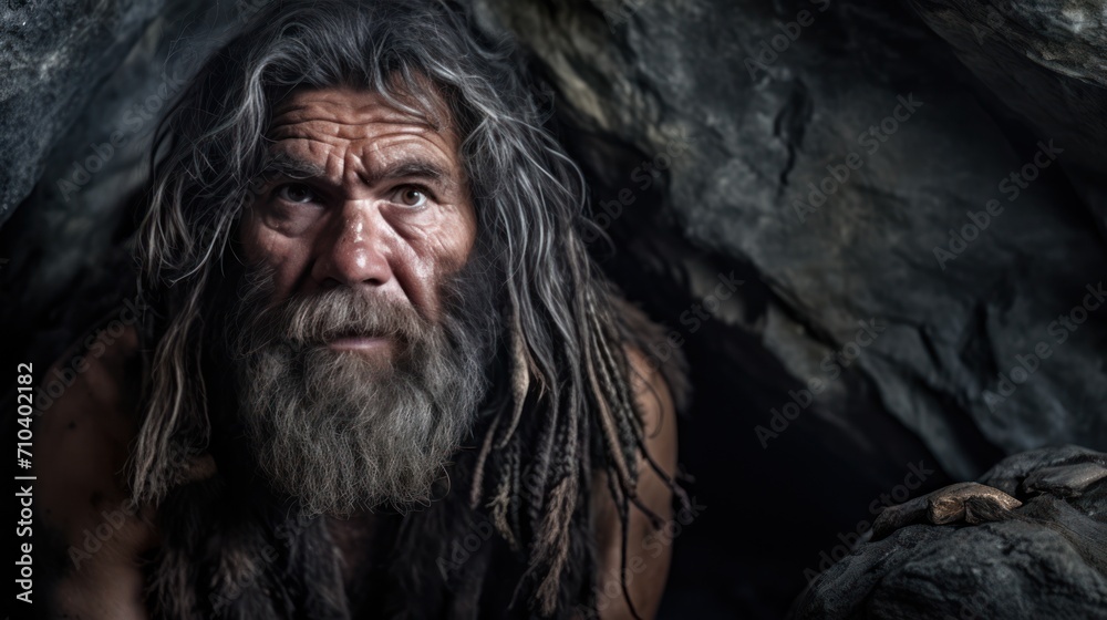 Neanderthal man, prehistoric human, tribal caveman in a dark cave, hunter from prehistoric era