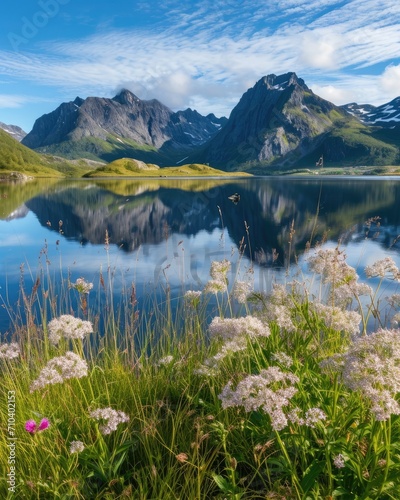 Lake Encircled by Mountains and Flowers