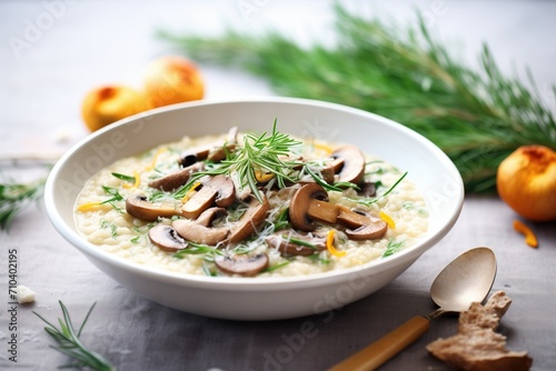a bowl of creamy risotto with mushrooms and herbs