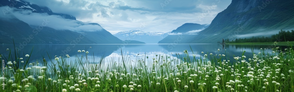Flowering grass against the background of the lake and mountains