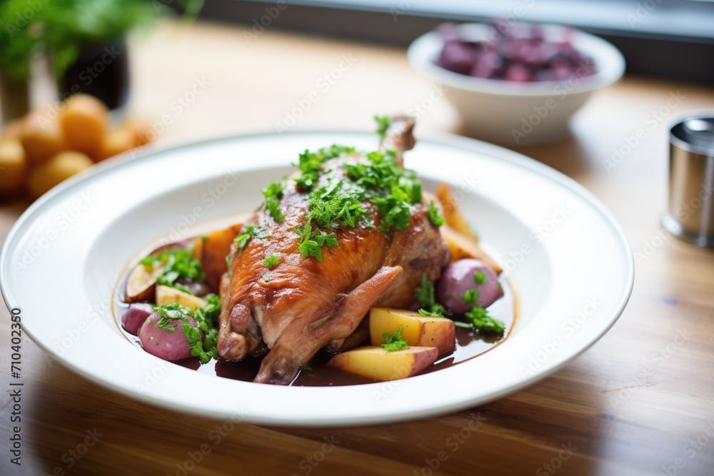 coq au vin served with a sprinkling of chopped parsley coq au vin served with a sprinkling of chopped parsley