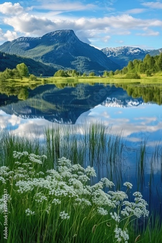 Flowering grass against the background of the lake and mountains