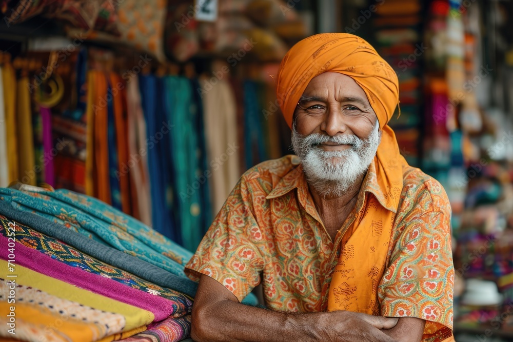 A contented cloth trader or shopkeeper. Generative Ai.