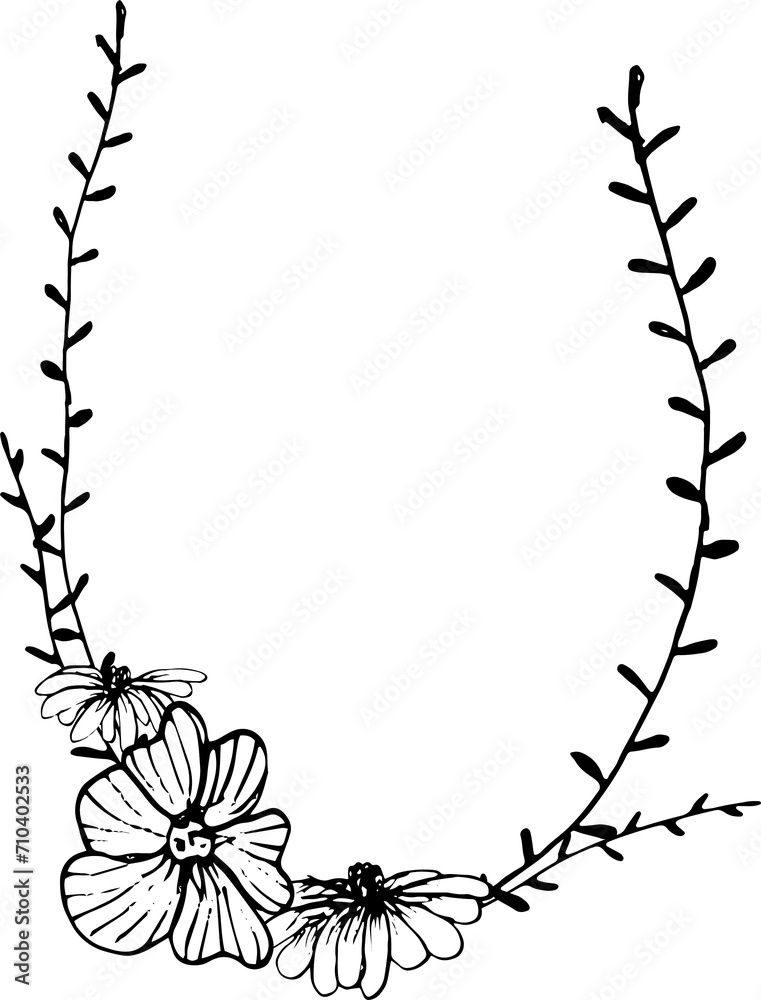 Flower frame hand drawn illustration on transparent background.
