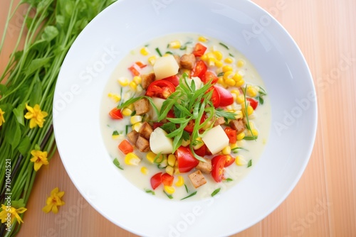 corn chowder with diced red pepper garnish