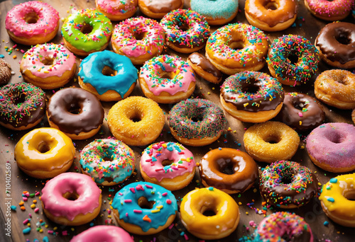 Multicolored donuts with sprinkles on wooden background