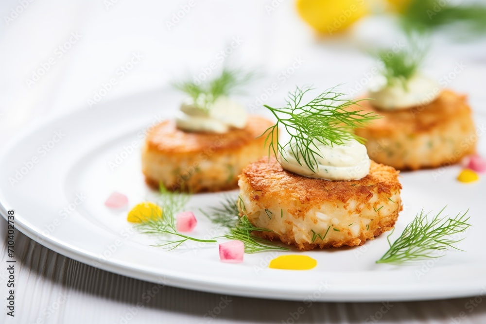 crab cakes on white plate with lemon and dill garnish crab cakes on white plate with lemon and dill garnish