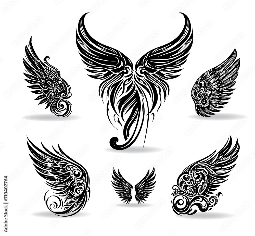 Collection of vector wings the style of engraving Collection of vector wings the style of engraving