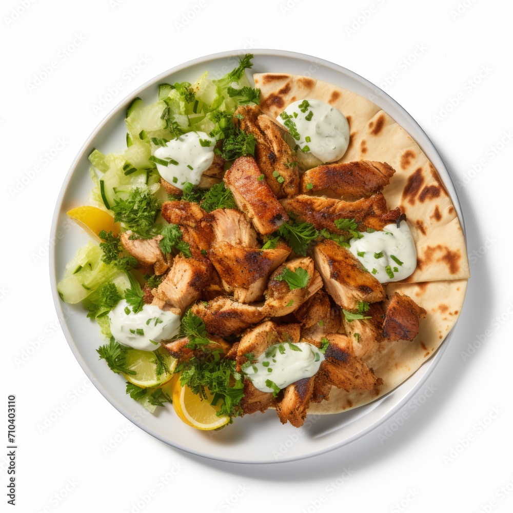 Mediterranean delight Char-grilled chicken shawarma with vibrant veggies and tangy garlic sauce. chicken shawarma on a bed of crisp greens, paired with soft pita. a feast for the senses.