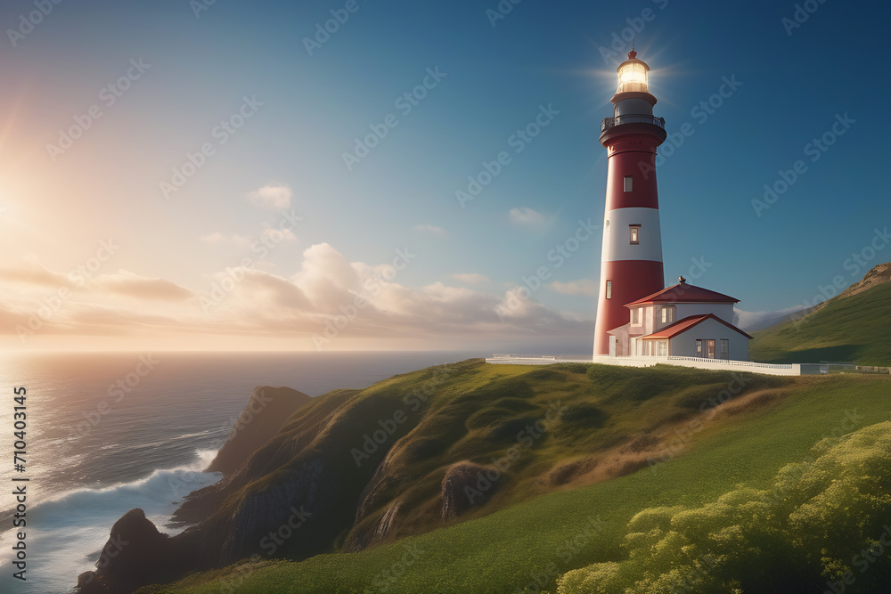 The red and white lighthouse shines at sunset, stands on a green mountain next to the sea.