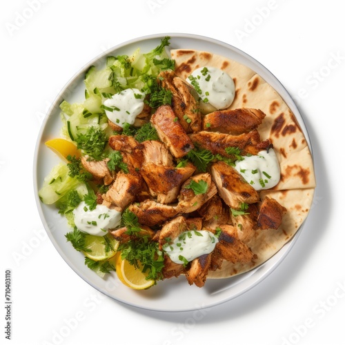 Mediterranean delight Char-grilled chicken shawarma with vibrant veggies and tangy garlic sauce. chicken shawarma on a bed of crisp greens, paired with soft pita. a feast for the senses. © Zuyu