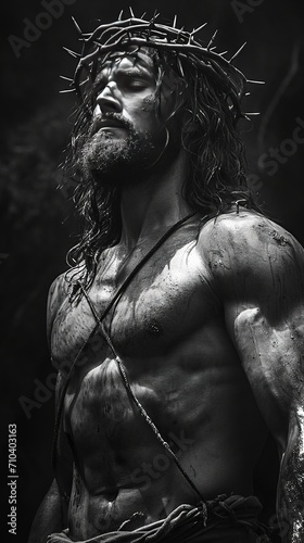 Muscular stoic jesus christ, christus black and white. © MiniMaxi
